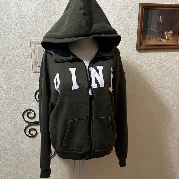 Victoria's Secret Jackets & Blazers - EUC Victoria's Secret Pink Dark Green Hoodie with White Letters